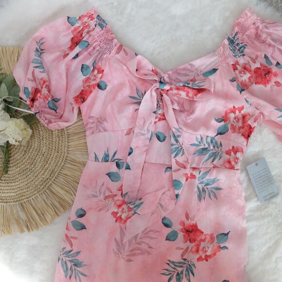 NSR Pink Floral Satin Dress Front Tie Smocked Back Dress Size Medium NWT - Picture 3 of 9